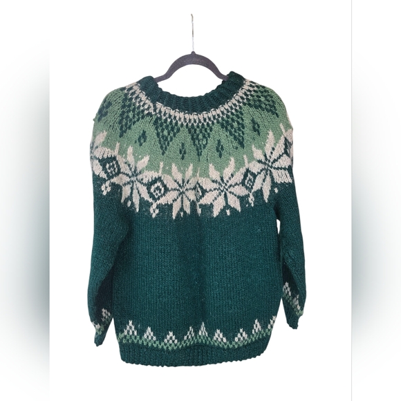 Handmade Hand Knit Pure Wool Icelandic Nordic Crewneck Pullover Sweater Size M/L - Picture 2 of 5